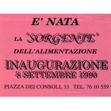 Il Volantino distribuito in occasione dell'inaugurazione della Sorgente dell'Alimentazione D'Onofrio avvenuta il giorno 8 settembre 1990