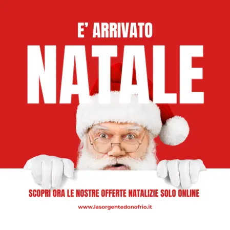 Banner promozionale di Babbo Natale che annuncia l'arrivo delle specialità gastronomiche di Natale La Sorgente D'Onofrio
